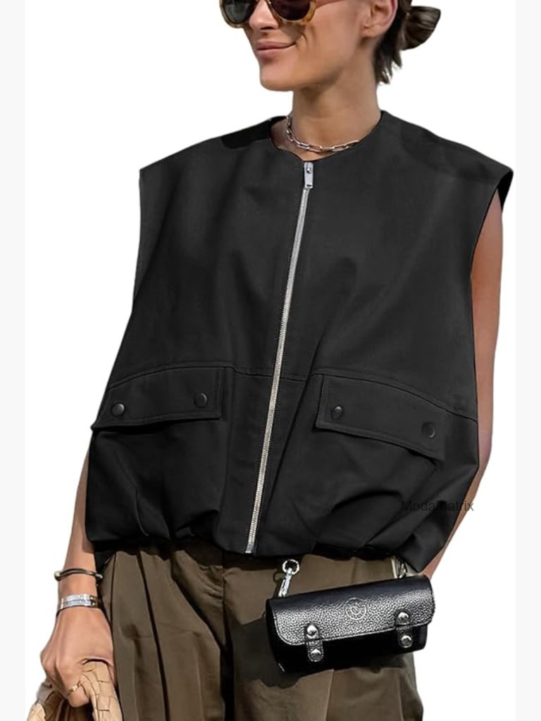 Oversized Zip Up Cargo Vest Sleeveless Blazer Jacket With Pockets